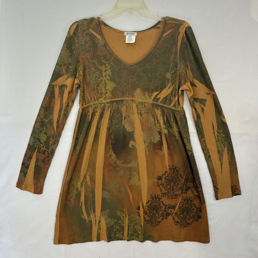 Y2K Babydoll Dress Women Large Boho Ribbed Knit Indie Grunge Earthy DB Sport '00